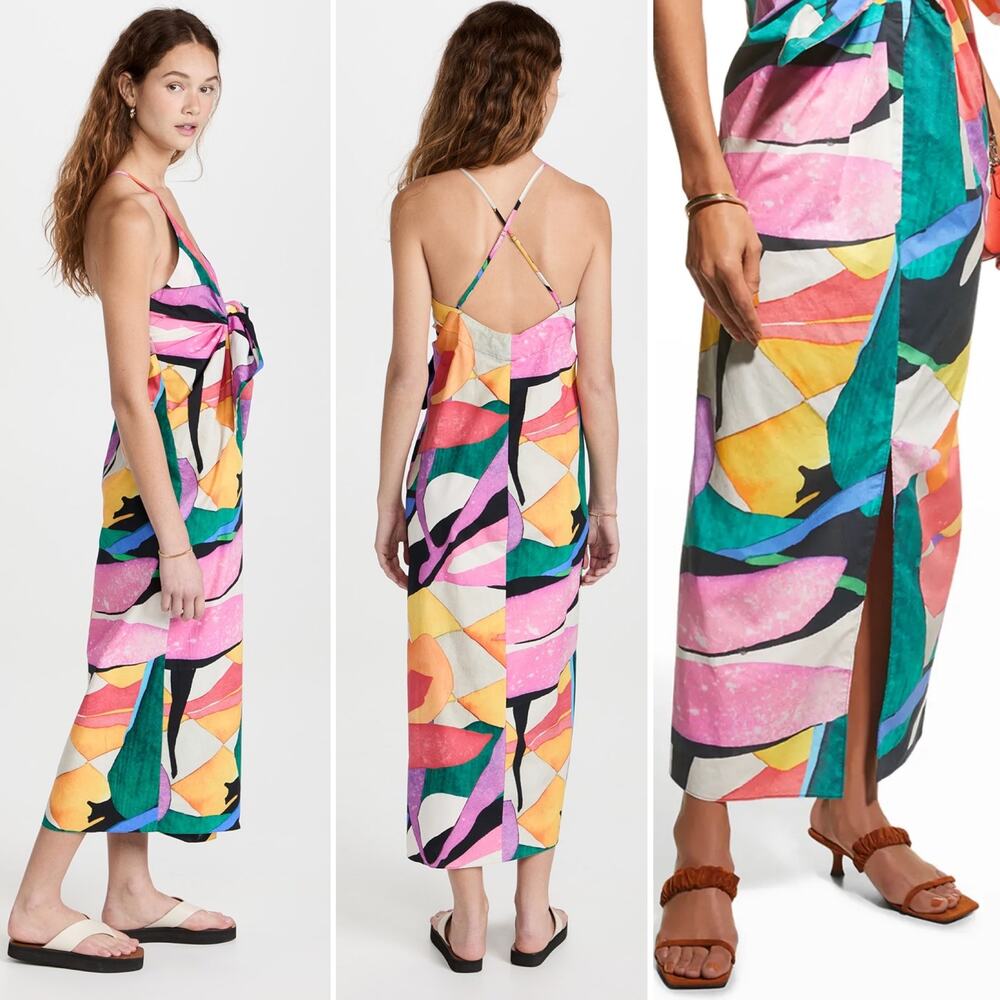 Mara Hoffman Lolita Midi Dress Botanical Tropical Floral V neck Slit‎ Size L - Picture 2 of 9